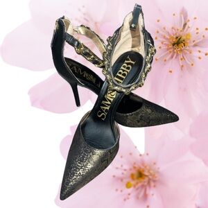 Sam & Libby Dylan Gold Black Ankle Chain Strap Stiletto 4" Heels Shoes, Size 9.5